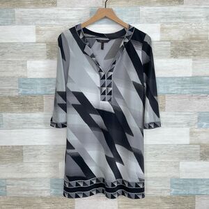 BCBGMaxAzria 3/4 Sleeve Split Neck Dress Black Gray Stretchy Casual Womens XS